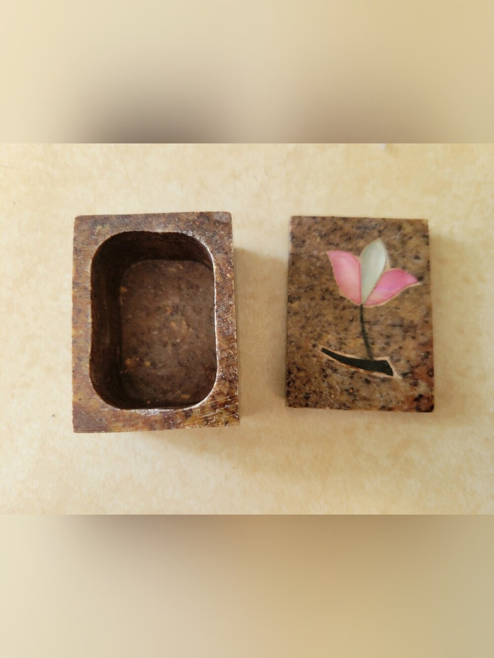 Small Stone Trinket Box with Pink Flower Inlay